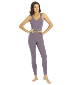 Everyday Yoga Radiant Solid Strappy Back Long Leotard 28" Purple Taupe -Pranty Yoga Shop 6596609998891 purpletaupe 4a