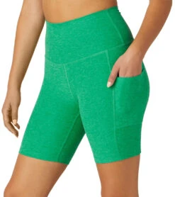 Beyond Yoga Spacedye Team Pockets High Waisted Biker Shorts Green Grass Heather