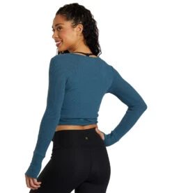 Spiritual Gangster Reversible Ballet Rib Wrap Sweater Deep Sea Blue -Pranty Yoga Shop 7032681201707 deepseablue 3a